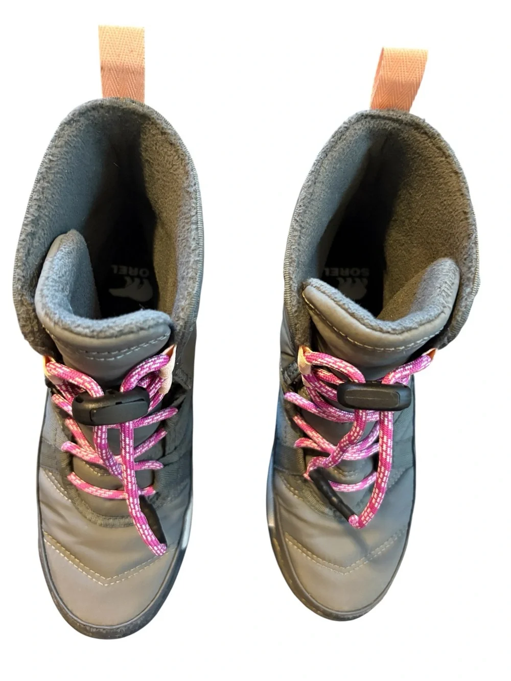 Sorel Grey Youths Snow Boots with Pink Laces